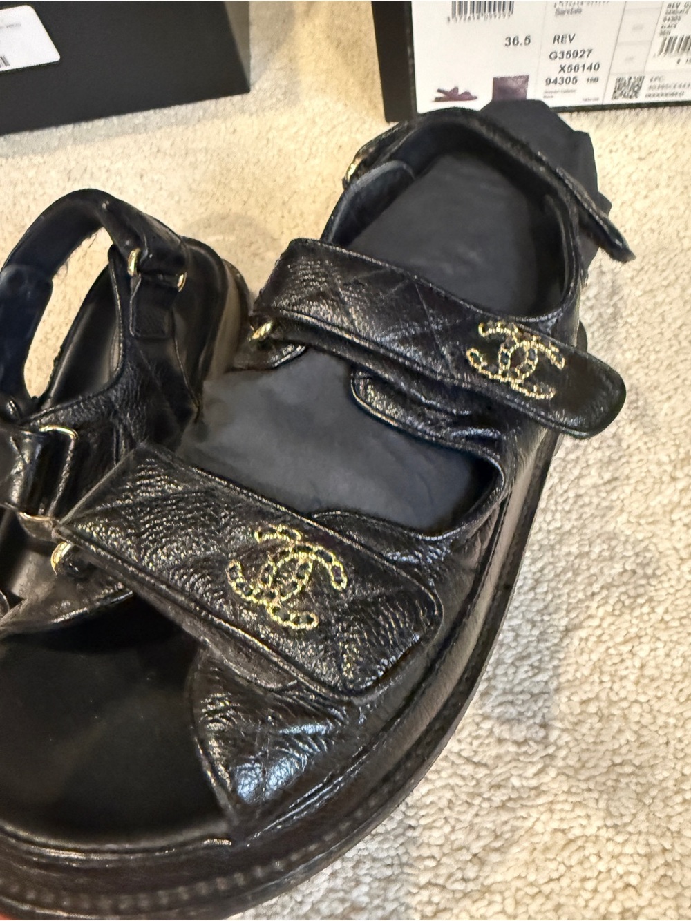 Authentic Chanel black leather dad sandal with box and dust bags